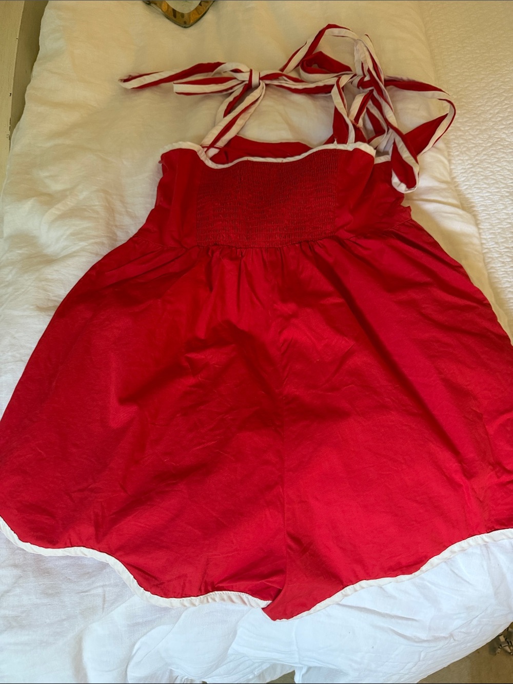 Red Tie-Shoulder Romper with White Trim - Women - Picture 2 of 3